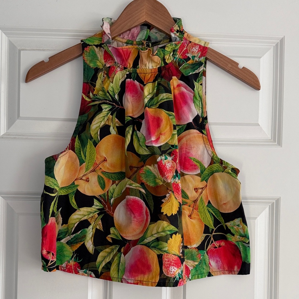 Maeve by Anthropologie Poplin Ruffle-Neck Halter Tank Fruit Tropical Print XS - Picture 2 of 13